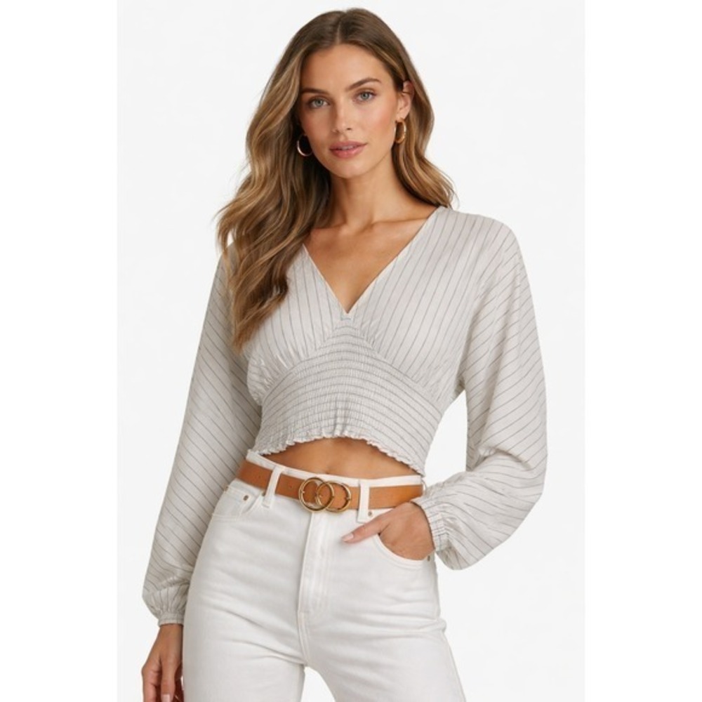 Avec Les Filles White Black Pinstripe Smocked‎ Waist V Neck Crop Top Size L NWT